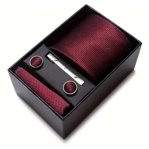 Men's Elegant Tie Set in Burgundy - 2.95inch Woven Polyester Necktie with Matching Pocket Square & Cufflinks,  for Weddings & Formal Occasions -  Gift Box Included,