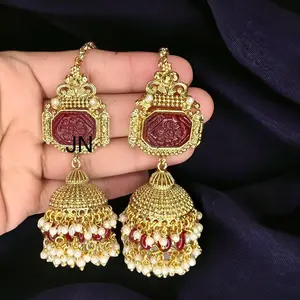 Gold polish Jhumka earrings with sahara