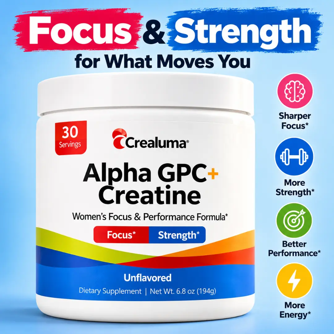Crealuma Creatine for Women with Alpha GPC, 5g Creatine Monohydrate + 600mg Alpha GPC Powder, Focus and Strength Support Supplement, Caffeine Free, Unflavored, Vegan, 30 Servings