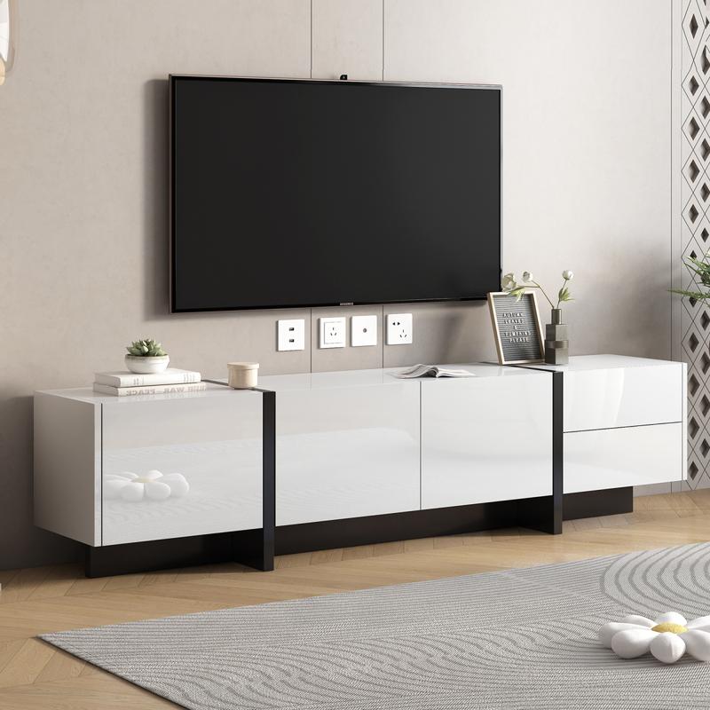 Bellemave ON-TREND White & Black Contemporary Rectangle TV Stand with 2 Drawers & 3 Cabinets for TVs Up to 80'' Modern TV Cabinet with UV Surface for Living Room