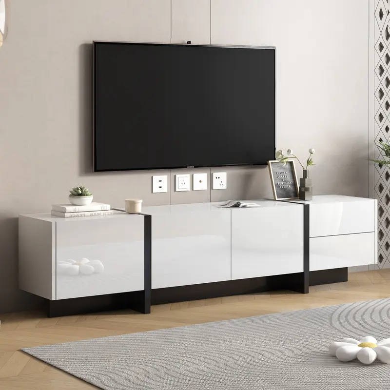 Bellemave ON-TREND White & Black Contemporary Rectangle TV Stand with 2 Drawers & 3 Cabinets for TVs Up to 80'' Modern TV Cabinet with UV Surface for Living Room