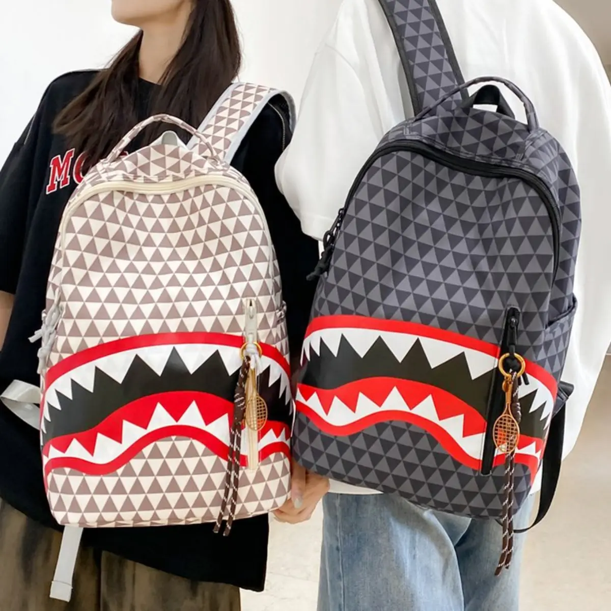 Unisex Casual Shark‑Mouth Print Backpack, Trendy Street‑Style Large‑Capacity Laptop School Bag with Cartoon Graphic