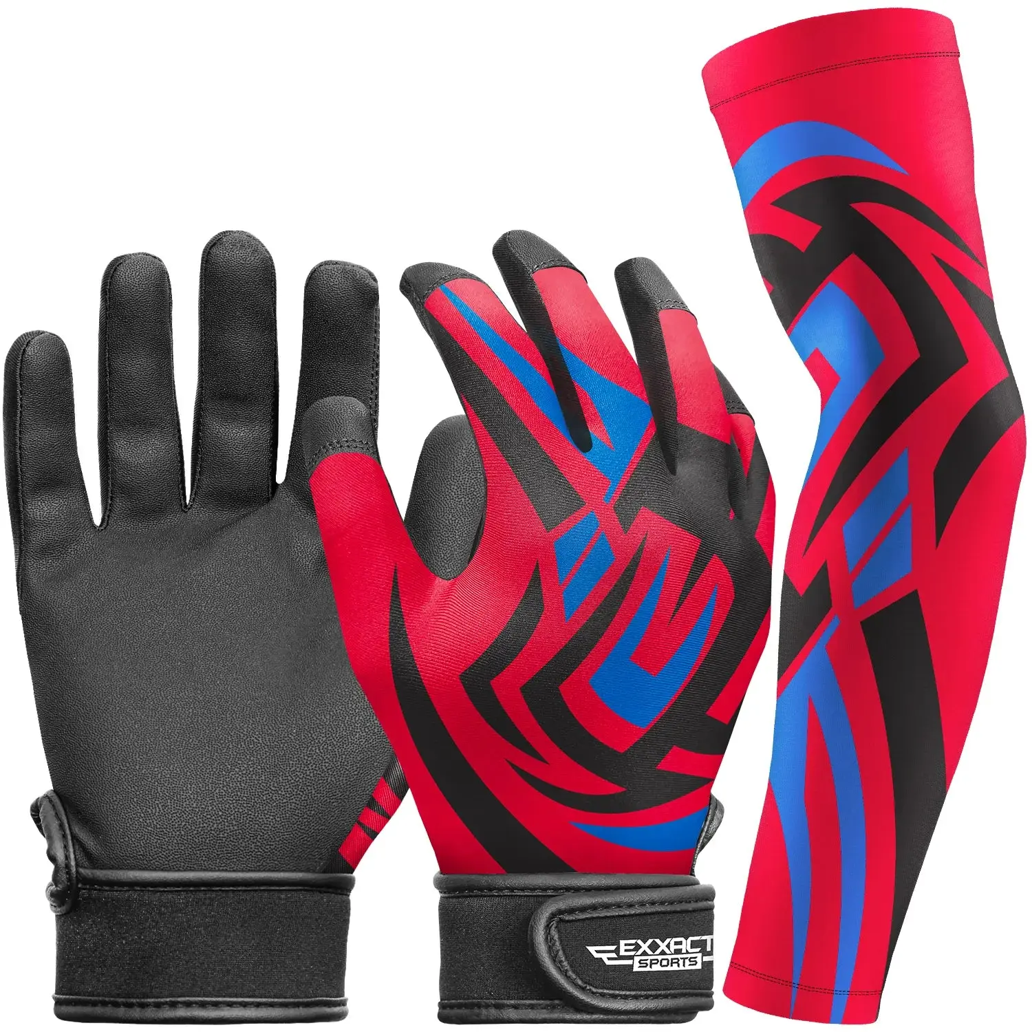 Exxact Sports Youth Anti-Skid Sporty Batting Gloves with Arm Sleeve - Boys & Girls Softball Training Equipment for Baseball, T-Ball (Red Tattoo), Anti-Skid Sports Gloves