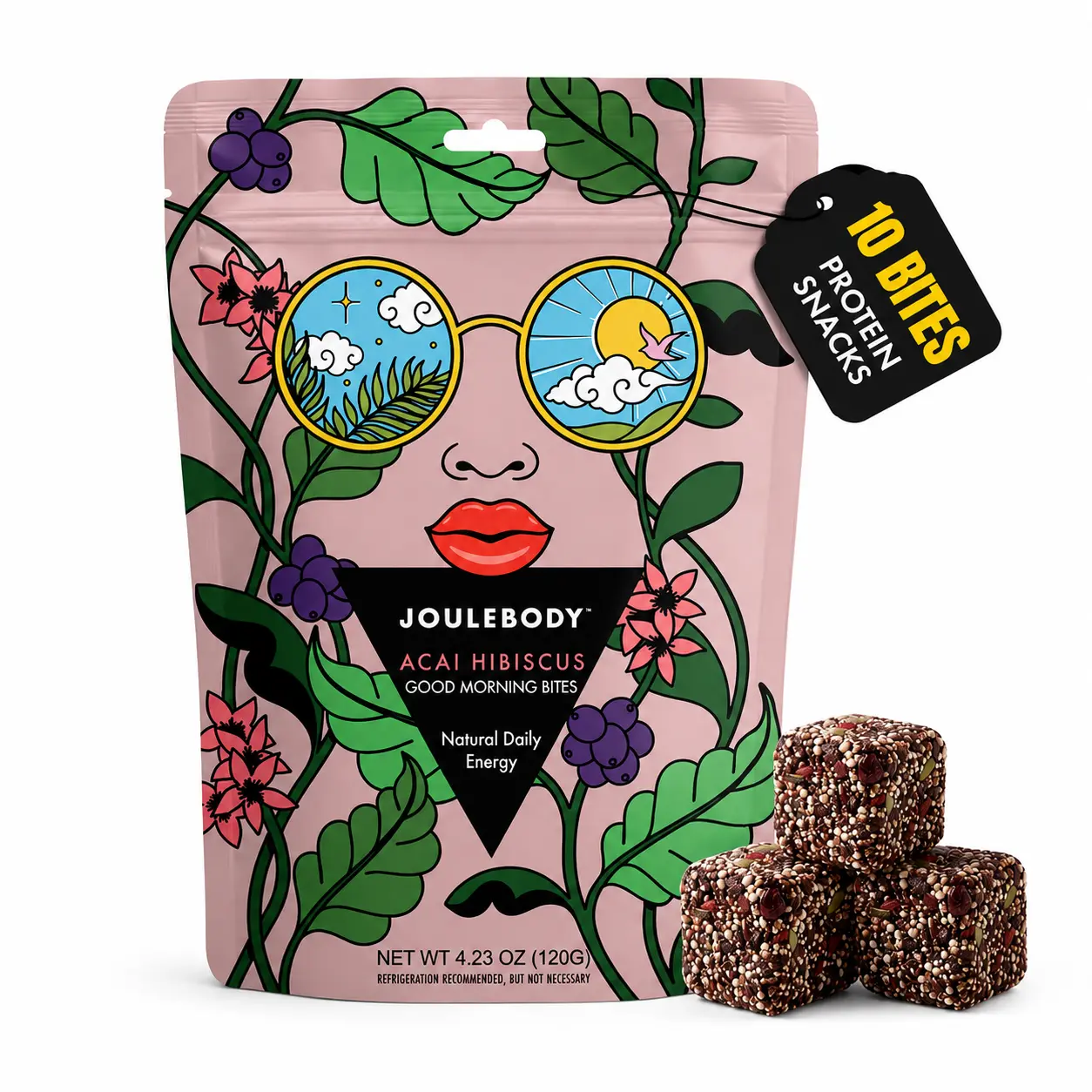 JOULEBODY Acai Hibiscus Superfood Bites, 10 Count | 4g Protein & 3g Fiber, Gluten-Free Protein Energy Bites, Plant-Based Gut & Hormone Support, Appetite Control, Minerals & Fiber, Soft Crunchy & Chewy