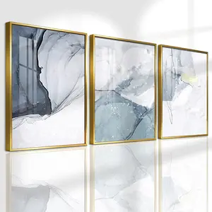 3 Counts Aluminum Alloy Framed Painting, Abstract Blue And Grey Ink Art Pictures, Home Decoration For Living Room, Bedroom, Office, Restaurant, Hallway Wall Decor, Odorless Print Artwork, Decorative Artwork, Luxury Perfect Gift For Friends And Family