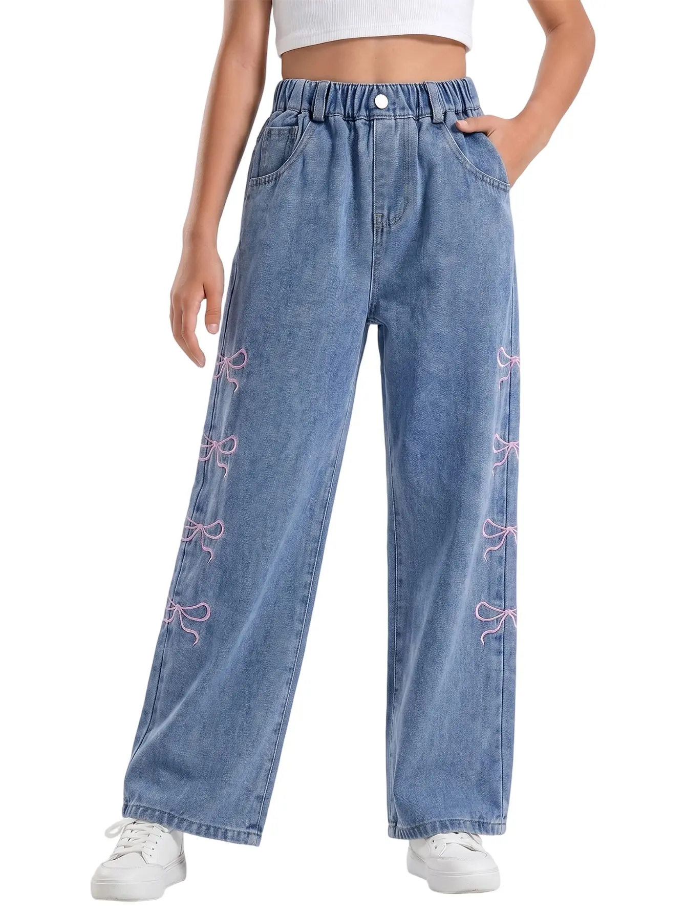 Girls' Light-Wash Stretch Denim Jeans with Pink Bow Embroidery and Elastic Waist – Loose-Fit Casual Style (Ages 5–16)