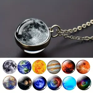 Solar System Planet Necklace - Double-Sided Glass Ball Galaxy Pendant Necklace, Silver Plated Chain, Astronomy Universe Jewelry for Women   Galaxy Moon & Planet Pendant Necklace - Double-Sided Glass Ball, Trendy Outer Space Jewelry, Aesthetic Celestial Ne