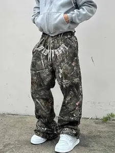 American Street Style Camo Print Casual Pants Unisex, Loose Straight Drawstring Sweatpants, Textured Camouflage Fabric, Trendy Letter Print, Camo Cargo Pant