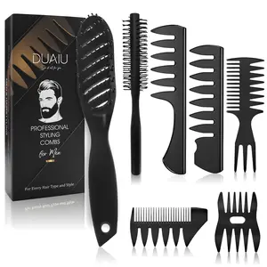 Hair Brush for Men, DUAIU 7Pcs Combs for Men, Hair Styling Comb Set with Vent Hair Brushes, Quiff Round Hair Brush, Wide Tooth Combs, Texture Comb for Blow Drying, Detangling, Grooming, Hairdressing