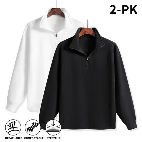Fall Winter Men's 2 Pack Soft Comfort Quarter Zip Sweatshirts, Stretchy Breathable Stand Collar Long Sleeve Pullover Shirts, Loose Casual Athletic Tops for Daily Outdoor Sports Street Matching buckzip clothing