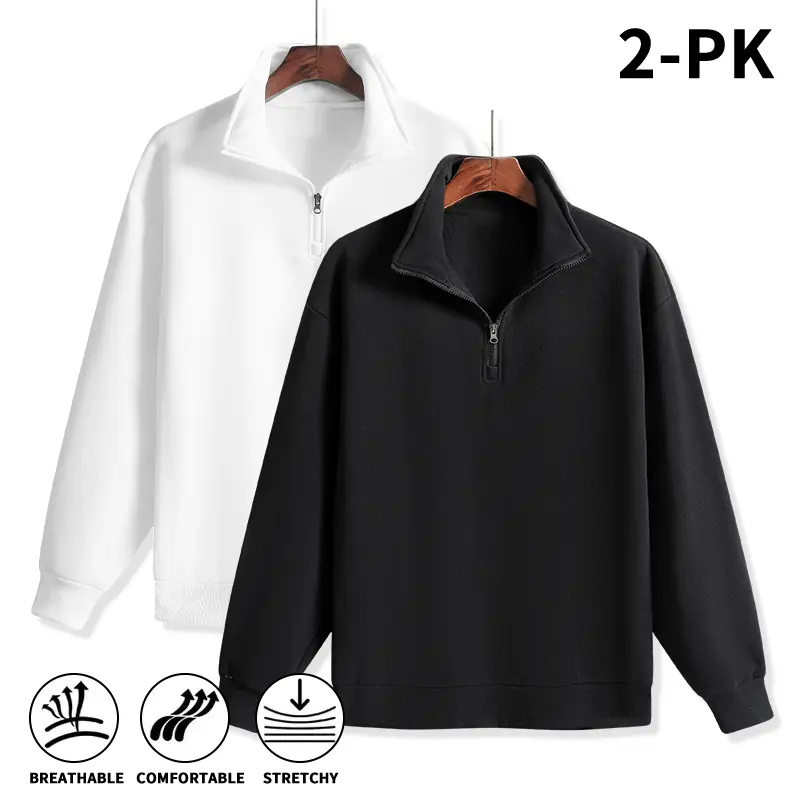 Fall Winter Men's 2 Pack Soft Comfort Quarter Zip Sweatshirts, Stretchy Breathable Stand Collar Long Sleeve Pullover Shirts, Loose Casual Athletic Tops for Daily Outdoor Sports Street Matching buckzip clothing