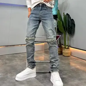 Design Patchwork Men's Blue Jeans Casual Sle Knees-Broken Patch Long Pants Slim Fit Straight Leg Busin Casual Jeans