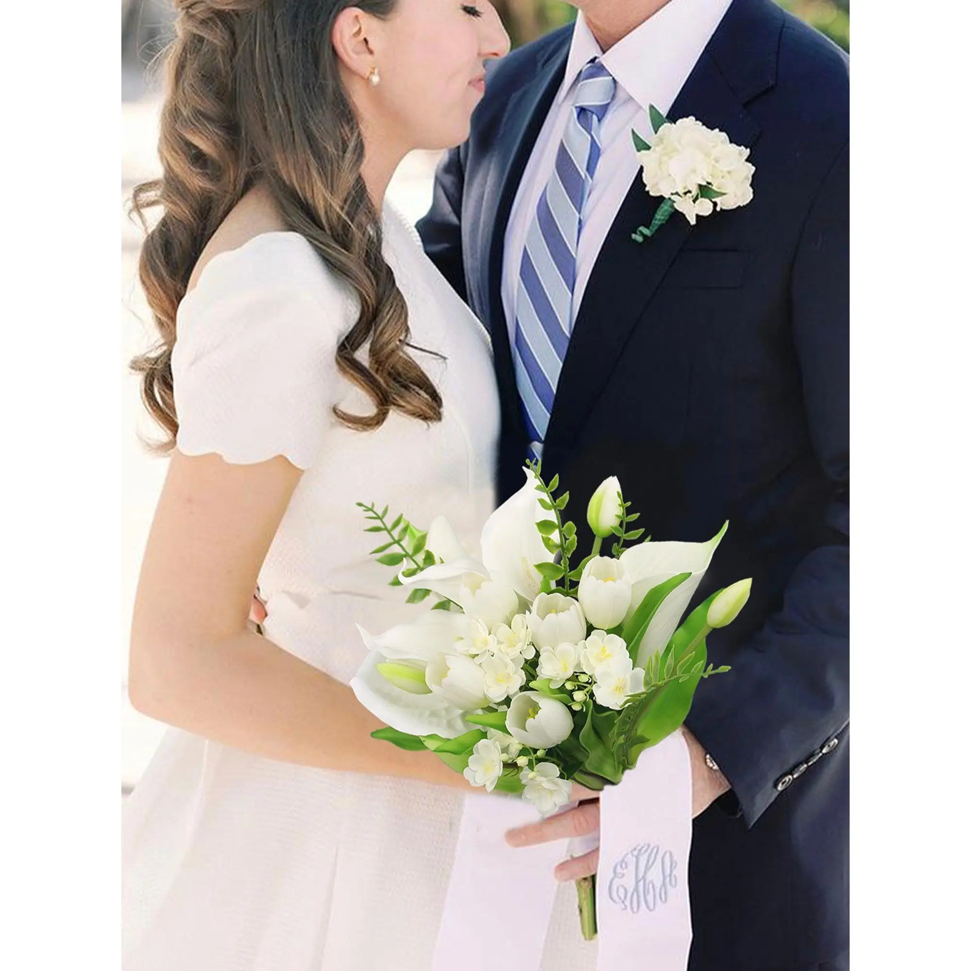 Rinlong 11.8 inch wide White Tulips & Calla Lily Bridal Bouquet Flower Arrangements Real Touch Silk Flowers