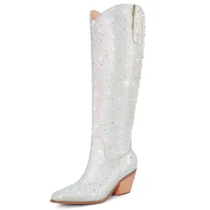 LOCERICH Knee High Rhinestone Cowgirl Boots Sparkly Bling Cowboy Boots for Women Western Chunky Heel Fashion Comfortable Side Zipper