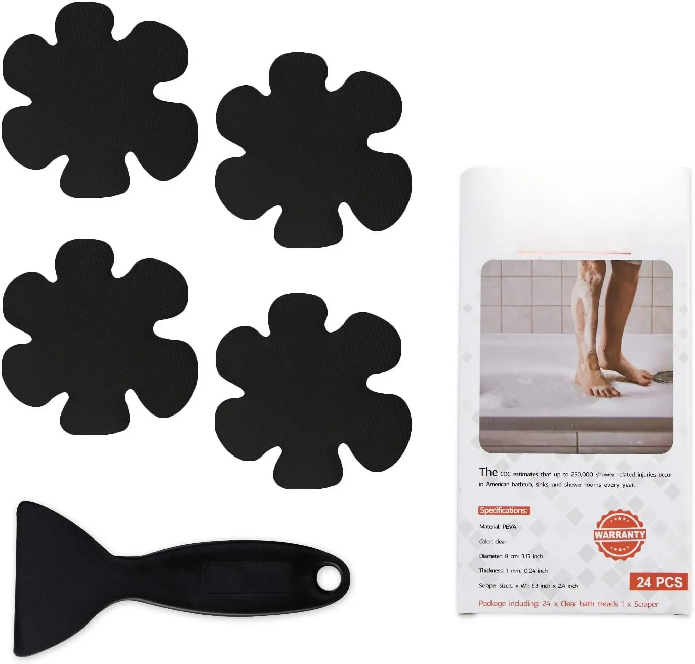 Bathtub Stickers Non-Slip, 24 count Safety Shower Treads Adhesive Appliques with Premium Scrape (Black)