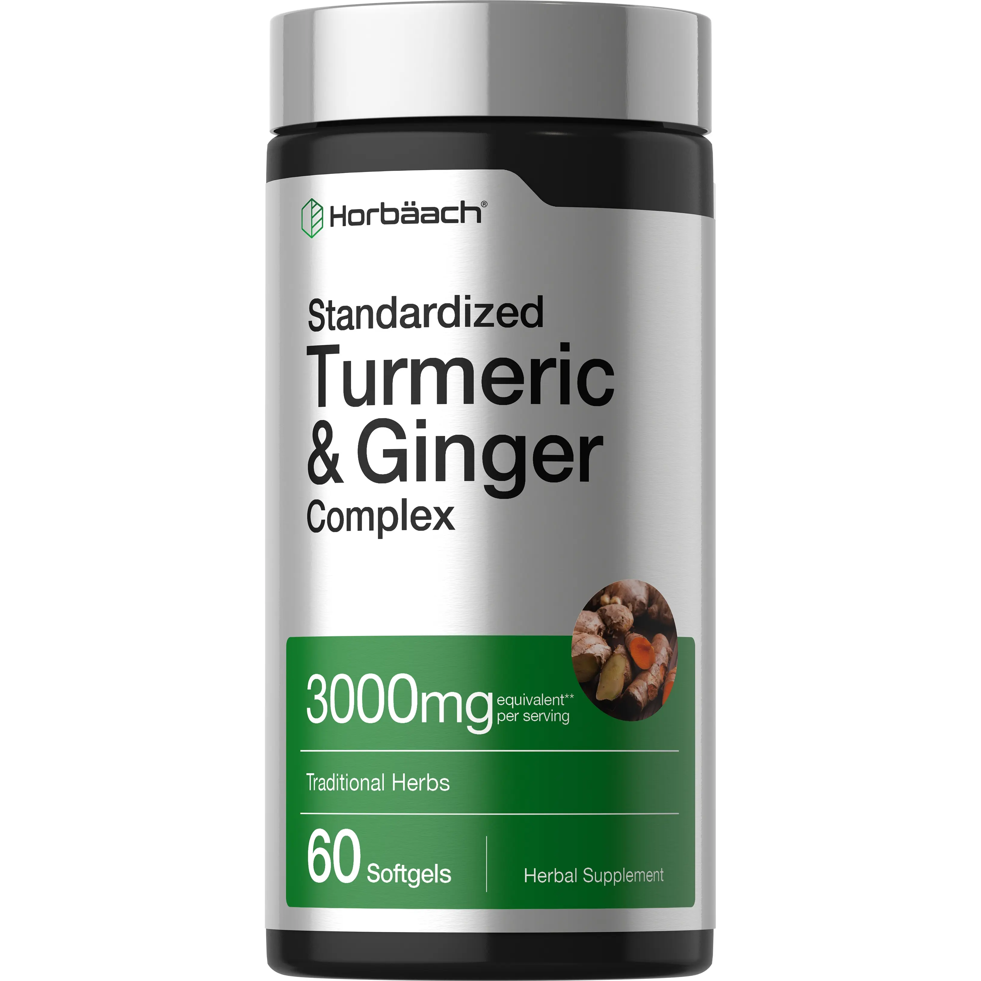 Horbäach Turmeric and Ginger Supplement 3000 mg - 60 Softgel Capsules - Turmeric Curcumin Complex with Black Pepper Extract - Non-GMO, Gluten Free