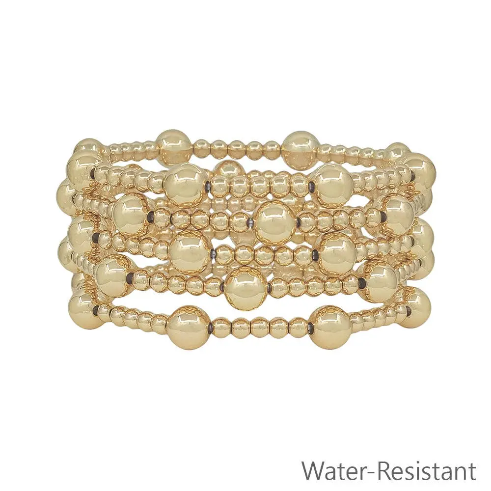 Water Resistant Set of 5 8MM & 4MM Gold Beaded Stretch Bracelets