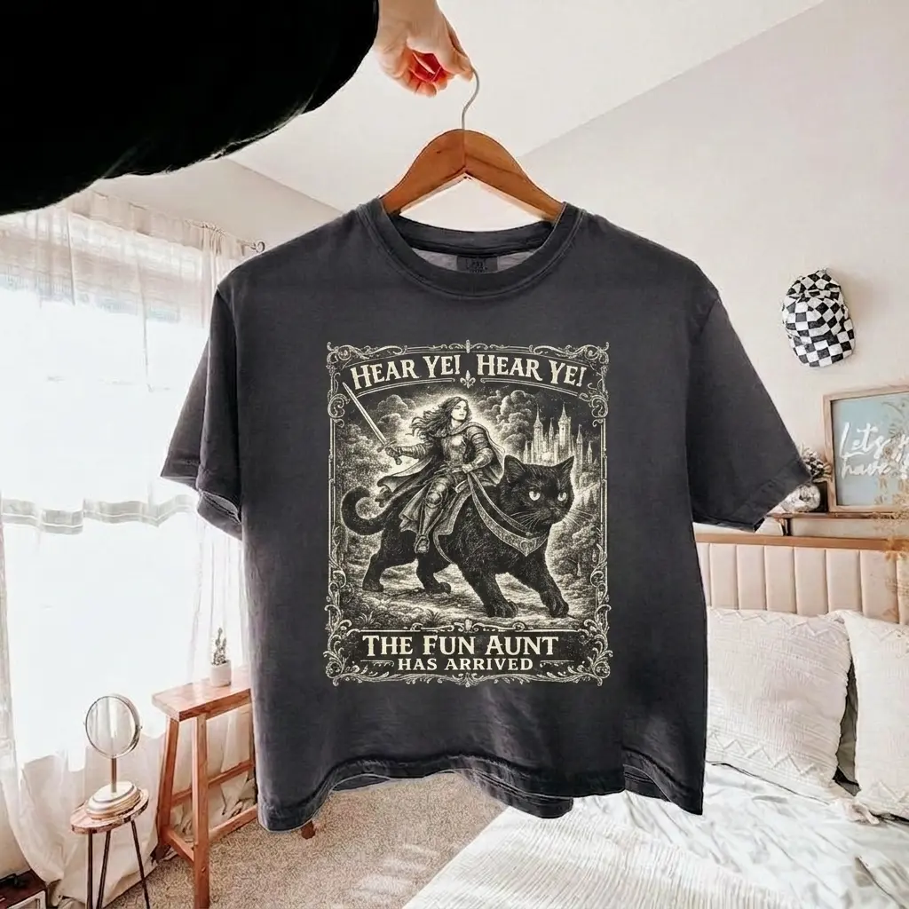 Fun Aunt Knight Riding Black Cat Boxy Tee, Women's Cropped T-Shirt Comfort Colors, Auntie Humor Tee, Cat Meme Shirt, Relatable Quote Shirt Casual Comfy Outfit Gift Y2K Aesthetic Crop Top