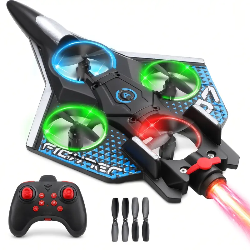 Remote Control Jet Airplane Drone with Tail Mist Spray & LED Lights, EPP High Toughness Foam Stunt Quadcopter with 360° Flips & 2 Batteries for Indoor Outdoor Flight