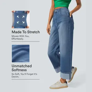 Halara Flex High Waisted Pockets Rolled Hem Wide Leg Washed Casual Jeans #SwimWeek Halara Flex High Waisted Pockets Rolled Hem Wide Leg Washed Casual Jeans #SwimWeek