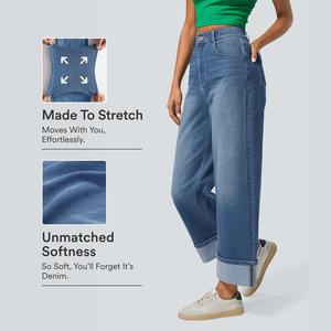 Halara Flex High Waisted Pockets Rolled Hem Wide Leg Washed Casual Jeans #SwimWeek
