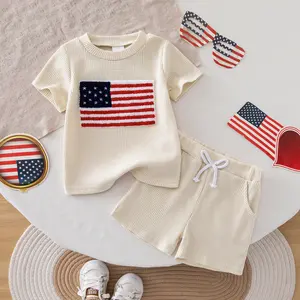 Toddler Baby Boy 4th of July Outfit USA Flag Embroidery Waffle Knit T-Shirt and Shorts Set Patriotic Clothes 6M-4T