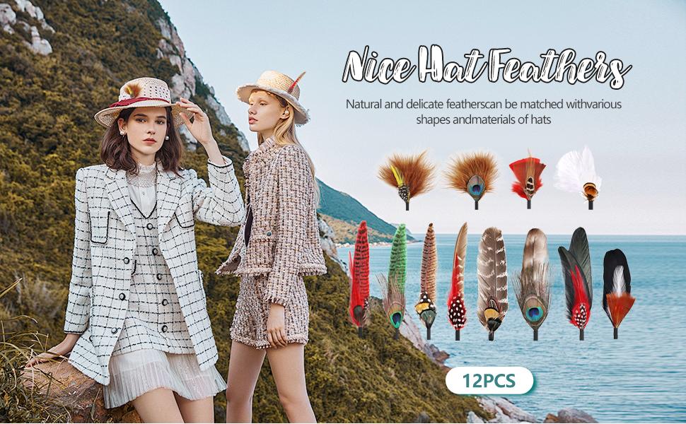 12Pcs Hat Feathers, Assorted Natural Feathers for Hats Colorful Real Feathers Pin for DIY Craft, Men Women Cowboy Hats, Fedora, Party Hats,Oktoberfest (12 Style)