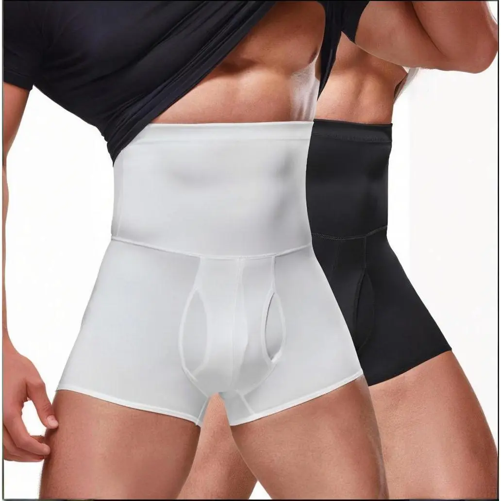 Men's High-Waist Seamless Compression Shorts - Stylish Menswear Tummy Control Faja, Invisible Fitted Sports Underwear for Workout, Belt, Male, All Seasons, Seamless Fit, Shapewear Wear, Sporty Chic, Seamless Fabric