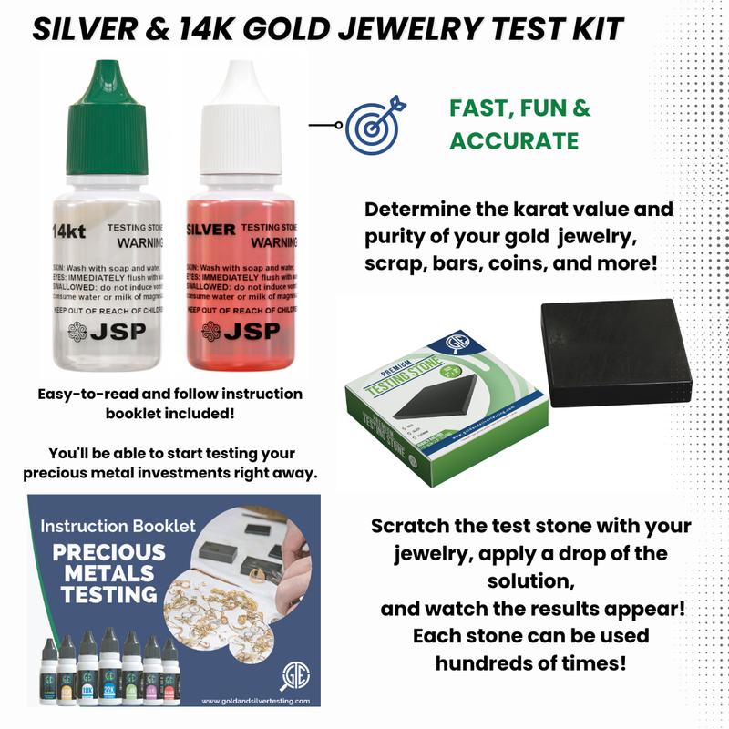 JSP Silver & 14K Gold Jewelry Appraisal Kit with 999 925 Sterling Solution & GTE Scratch Stone for Precious Metals Testing