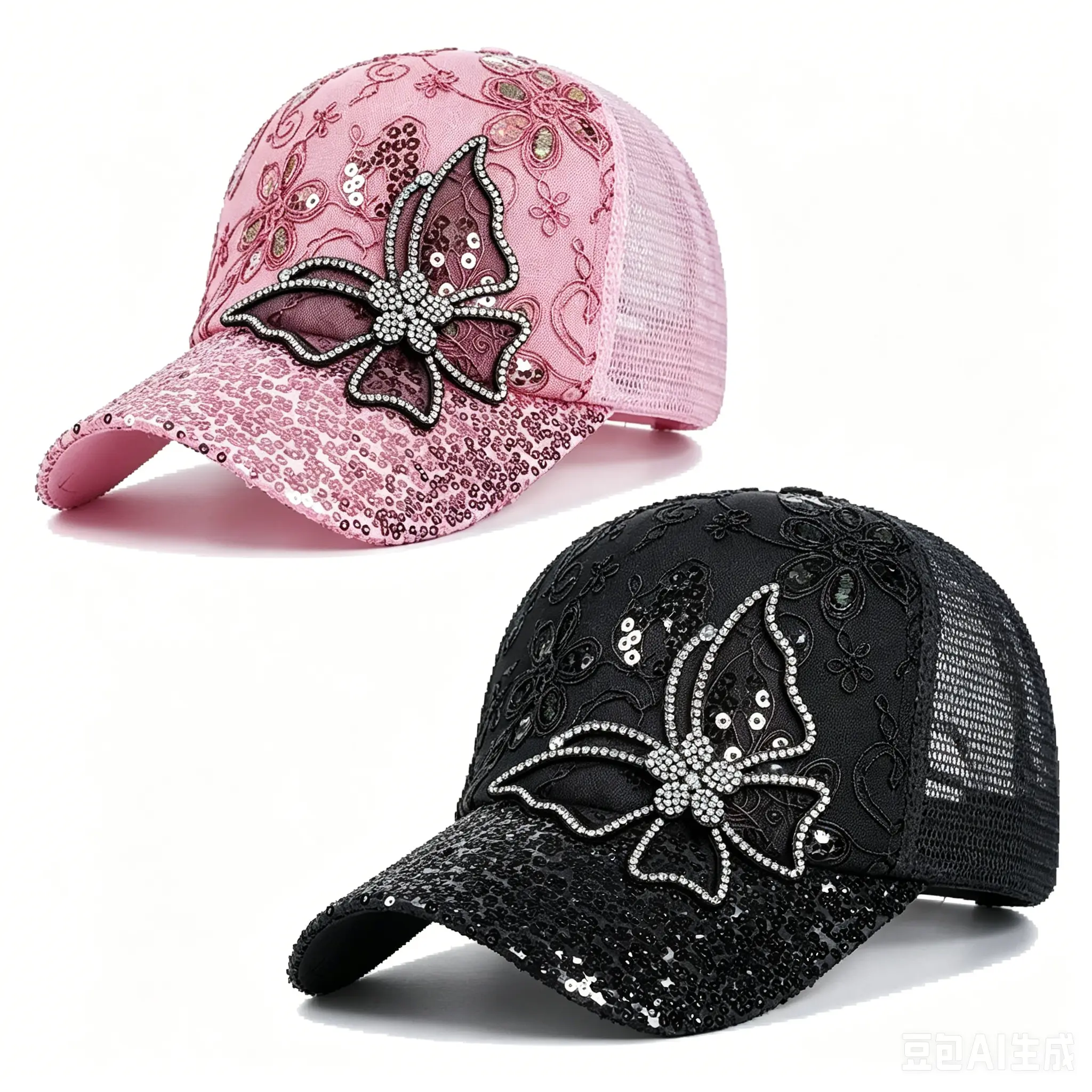 2pcs Baseball Caps for Women, Glitter Butterfly Lace Trucker Hat with Breathable Mesh Back, Adjustable Sun Cap, 2Pcs B, No, Fabric