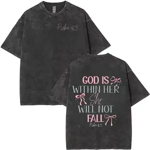 Washed Cotton T-Shirt - Dual-Sided Inspirational Design "GOD IS WITHIN HER SHE WILL NOT FALL" & Psalm 46:5, Retro Vintage Loose Fit Unisex Top for Men & Women, Spring Summer Casual Wear
