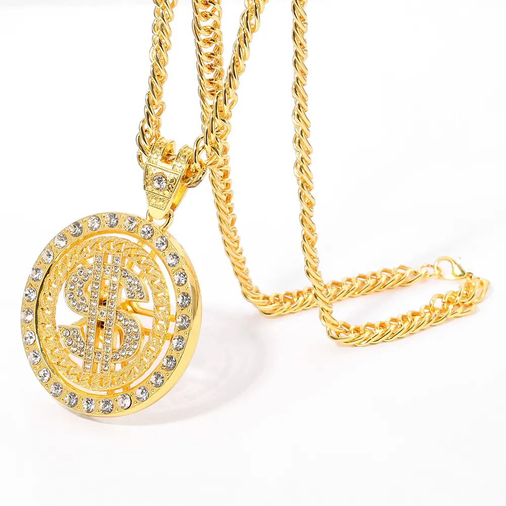 14k Gold-Plated Trendy Rotating Dollar Sign Pendant Necklace with Iced-Out Dollar Sign Pendant and Cuban Chain, Stylish Men’s Necklace: Graceful Faith & Daily Luxury, Perfect for All Occasions and Everyday Wear
