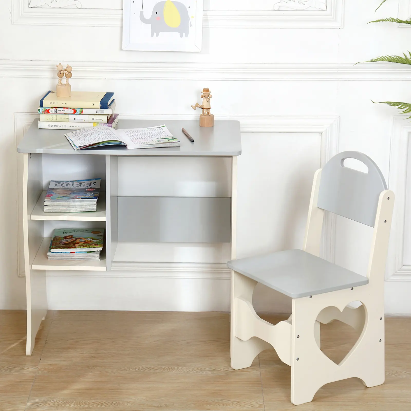 Kids Desk and Chair Set, Wooden CPC-Certified Toddler Study Table with 2-Tier Storage Bookshelf, for Reading & Crafts