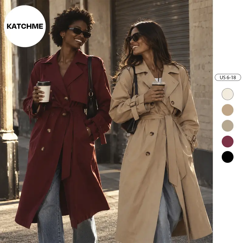 Katch Me Chic Women's Solid Classy Notch Lapel Double Breasted Belt Decor Trench Coat, Versatile Plain Outerwear for Lady Streetwear, Minimalist Outfit