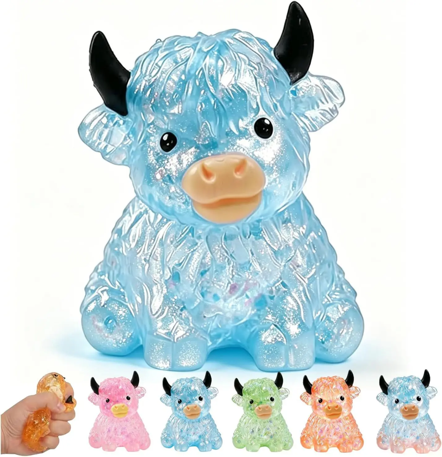 Maltose Highland Cow Squishy Toy - Sequins Slow Rising Mini Cute Animal Squeeze Fidget Stress Orb For Adults Sensory Users Anxiety Relief, Office Desk Decor Holiday Basket Stuffer Gift For Cow Lovers