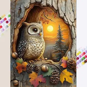 1 set of DIY diamond painting kit, 5D diamond art set, DIY decoration owl, autumn, dusk. Mosaic, diamond art, DIY art home decoration.