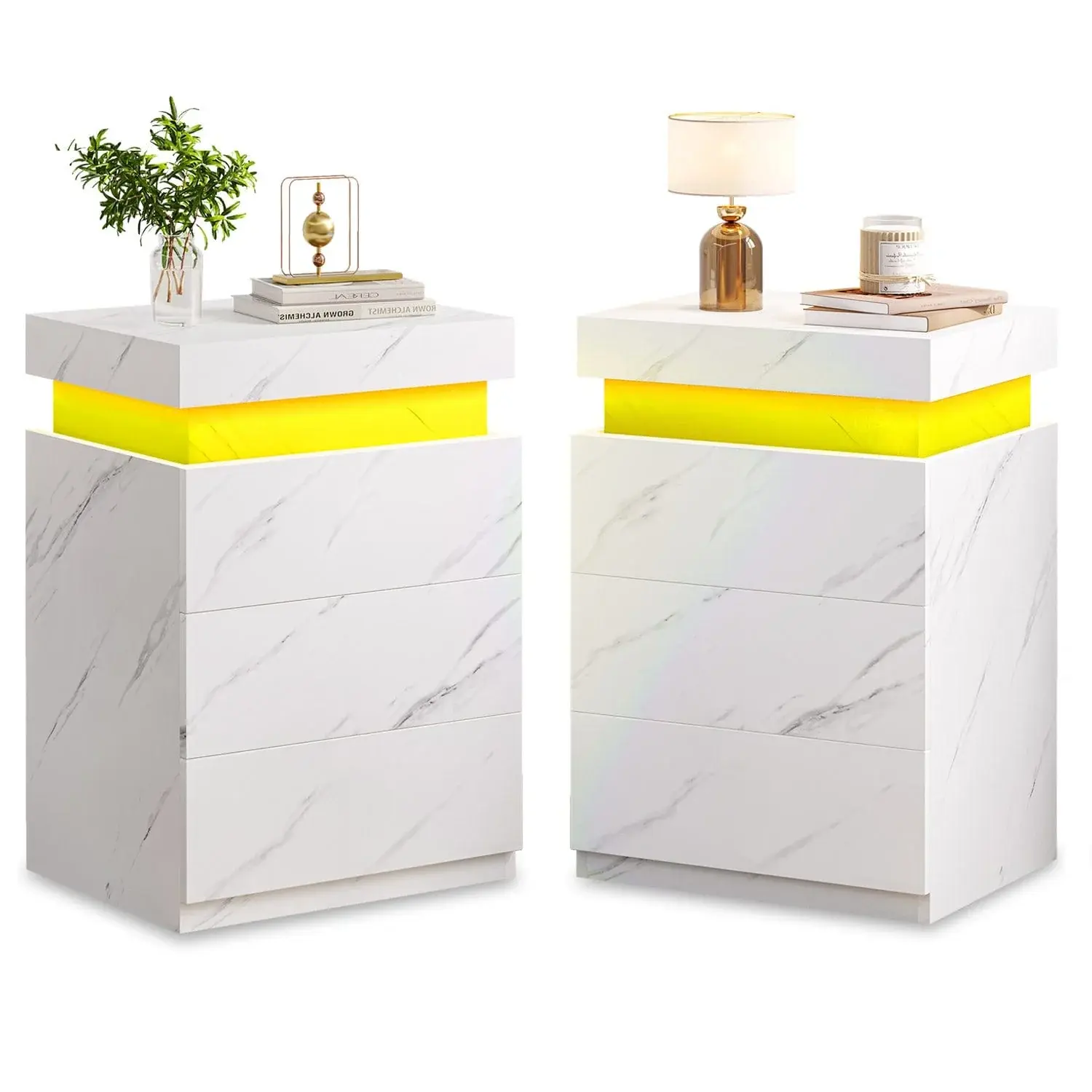 SIKAIC 2PCS LED Nightstand Tables - Compact Contemporary Divideable Bedroom Tables with Marble-Look Top, Built-In LED Lights, USB Port Charging Station, Led Bedroom Table