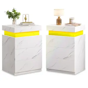 SIKAIC 2PCS Compact Modern LED Nightstands - LED Nightstand Table with Marble-Look Top, Built-In Charging Station for Bedroom
