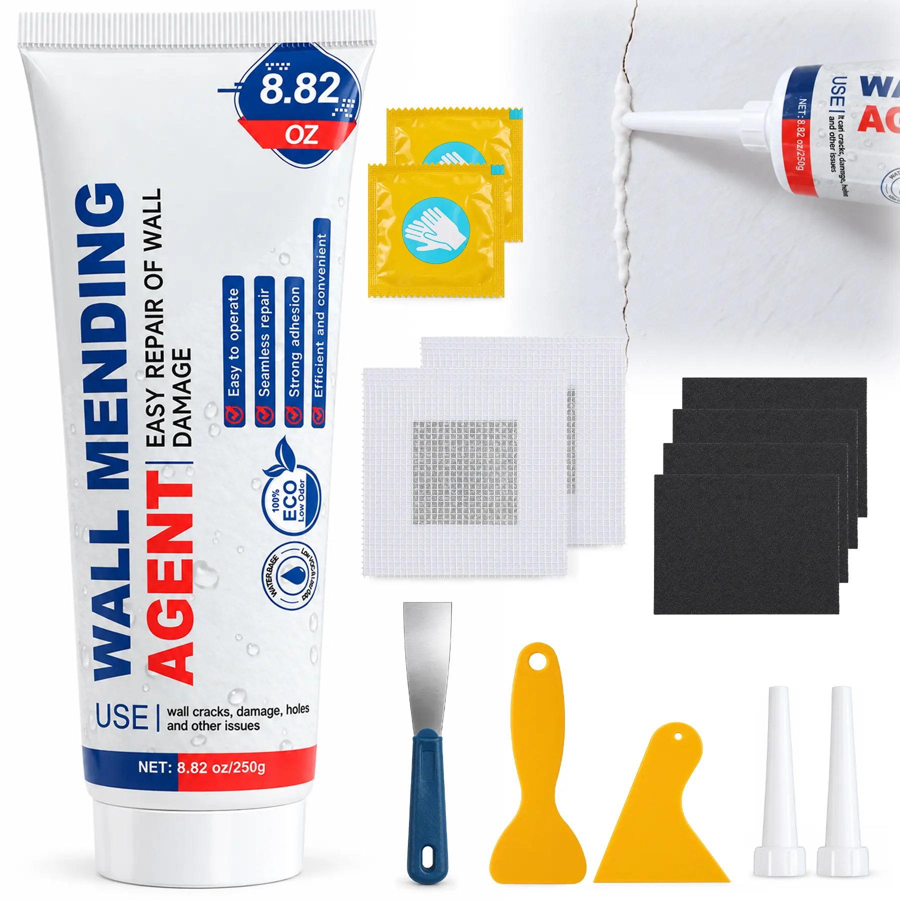 8-piece set Drywall Repair Kit,Wall Mending Agent, Wall Spackle with Tools Includes Scraper and Sandpaper. For Wall Surface Hole Fill, Quick And Easy Solution.
