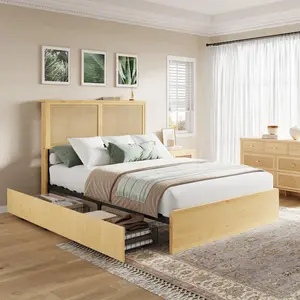 Full Size Rattan Platform Bed with 4 Storage Drawers, Natural Wood Bed Frame with Rattan Headboard, No Box Spring Needed, Easy Assembly, for Bedroom (Natural)