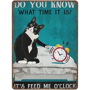 Funny Tuxedo Cat 'Feed Me O'Clock' Vintage Metal Sign -  Wall-Mounted 12X8 Inches - For Home, Kitchen, Garage, Man Cave Decor -  Perfect Gift For Cat Lovers & Home Decor Enthusiasts