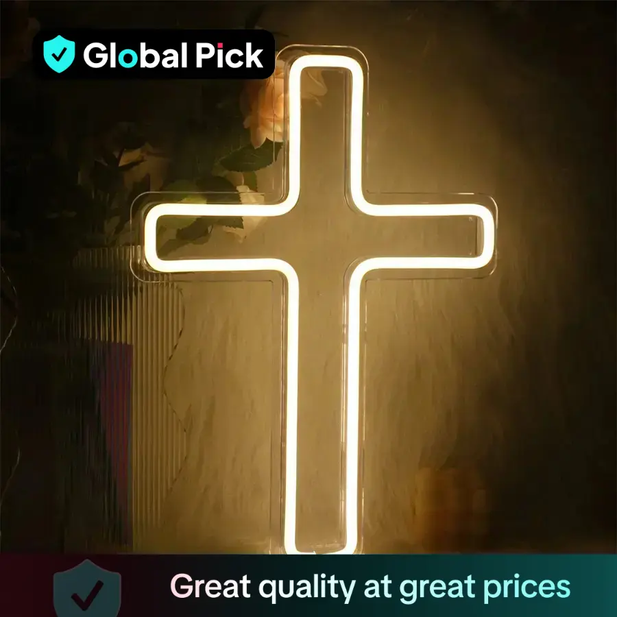 Jesus Cross Neon Sign, Warm White LED Neon Wall Light, USB Crucifix Neon Sign for Bedroom Kids Room Wedding Birthday Party