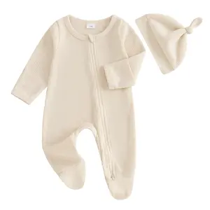 Infant Baby Boy Girl Waffles Knit Pajamas Romper  Jumpsuit Sleeper Newborn Coming Home Outfit with Hat