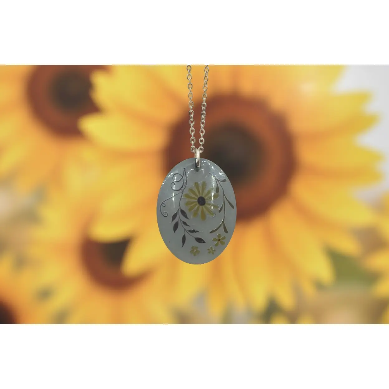 Sunflower Themed, White Oval Resin Necklace