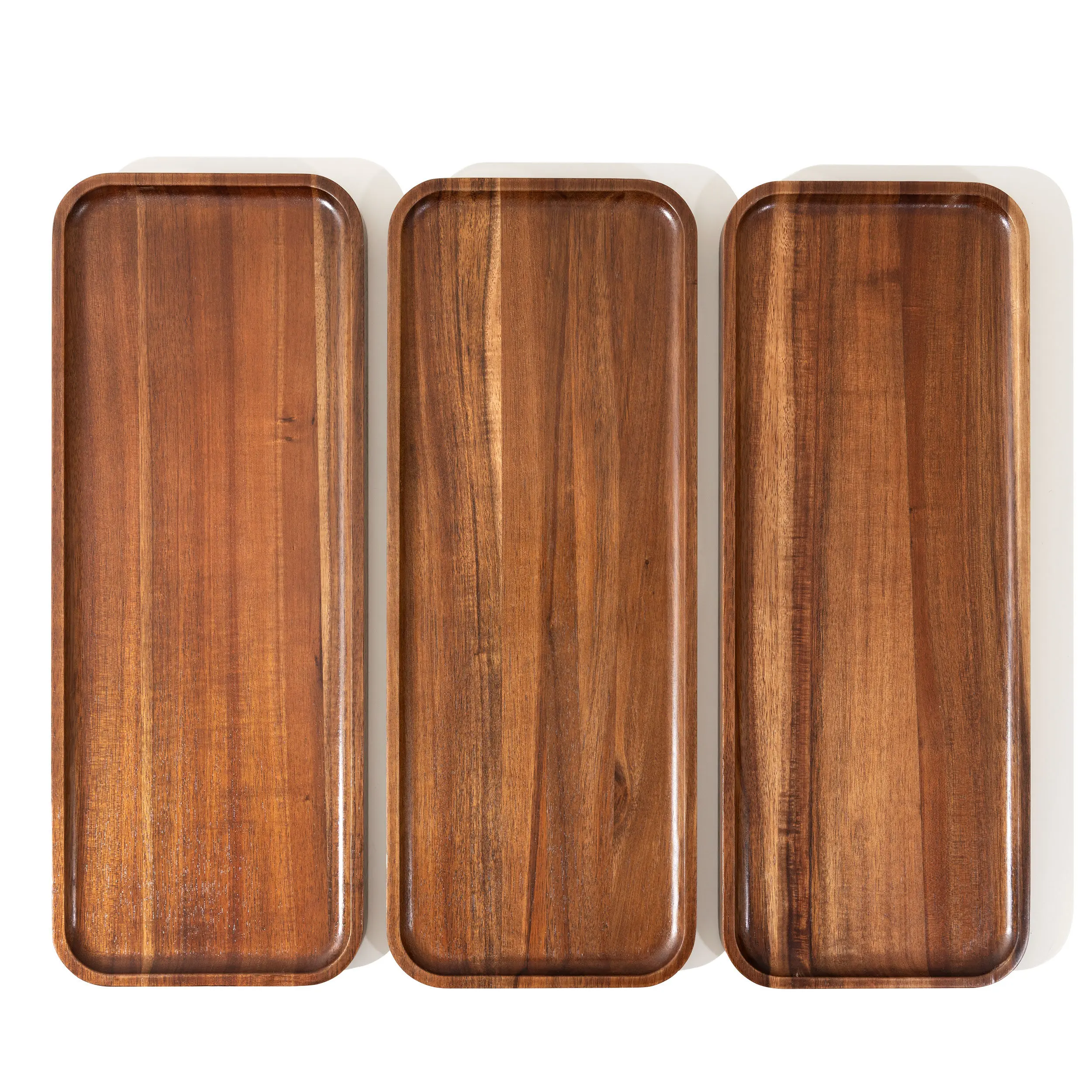 Large Solid Acacia Wood Serving Trays (17 x 6.5 inches) Rectangular Wooden Serving Platters for Home Decor, Food, Vegetables, Fruit, Charcuterie, Appetizer Serving Tray, Cheese Board (Set of 3 Plates) Family Small