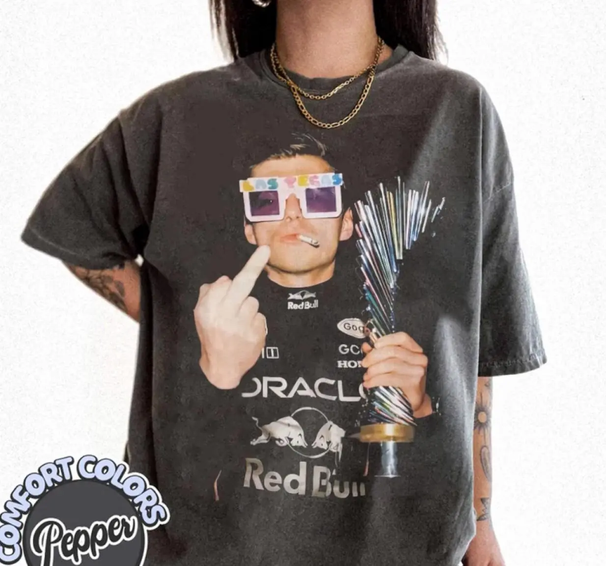 Max Verstappen Holding Trophy Middle Finger Shirt T-Shirt, Racing Fan Shirt, Max Verstappen Tee, Edgy Motorsport Top, Novelty Racing Tee, Smoking Sunglasses, Formulaaa 1 Gift, Cheeky Fan Apparel, Fan Collectible Tee, Bold Streetwear Tee, Lightweight