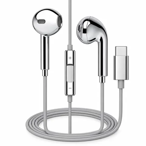 Glossy Silver Cabled Earphones - Aesthetic Electroplated Semi-In-Ear Headset, Compatible with iPhone 18 Pro Max/18 Duo, Lightweight Electronic Audio Device for Lightning/USB-C/3.5mm Smartphones, Music & Gaming