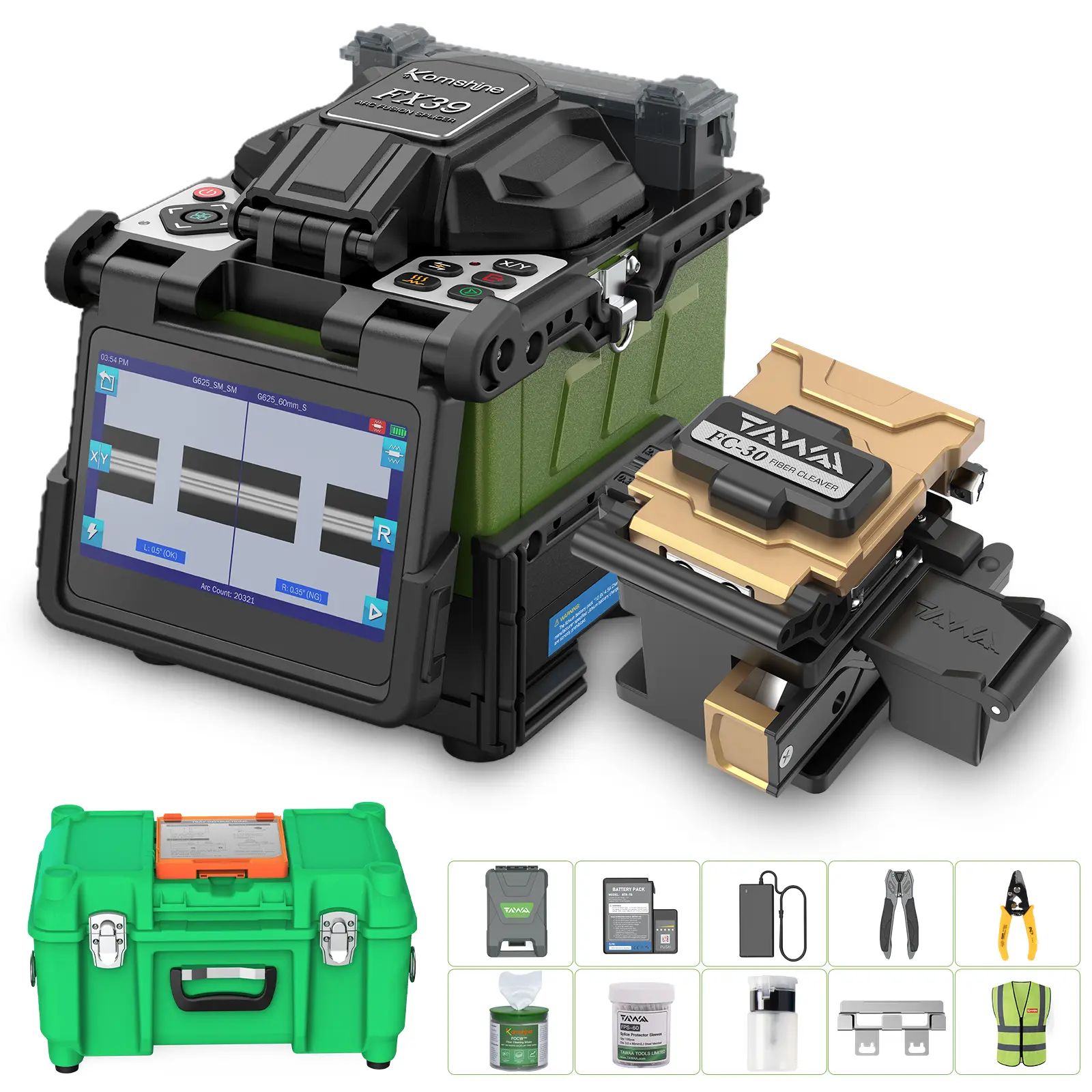 Komshine 6 Motors FX39  Fusion Splicer , Core Alignment Trunk Welding Machine + 4.3 inch Touch Screen Display + 6s Splicing Time 16S Heating Time + 3 Years Warranty+7800mAh Capacity Battery with 2 Layers Cooling Tanks