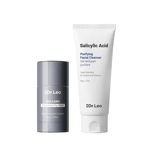Dr.Leo 2-Step Facial Set - Alcohol-Free Vegan Facial Cleanser with Salicylic Acid, Charcoal Clay Mask Stick with Aloe + Ectoin, Acne Care for Oily Skin, Blackhead & Pore Blemish Treatment