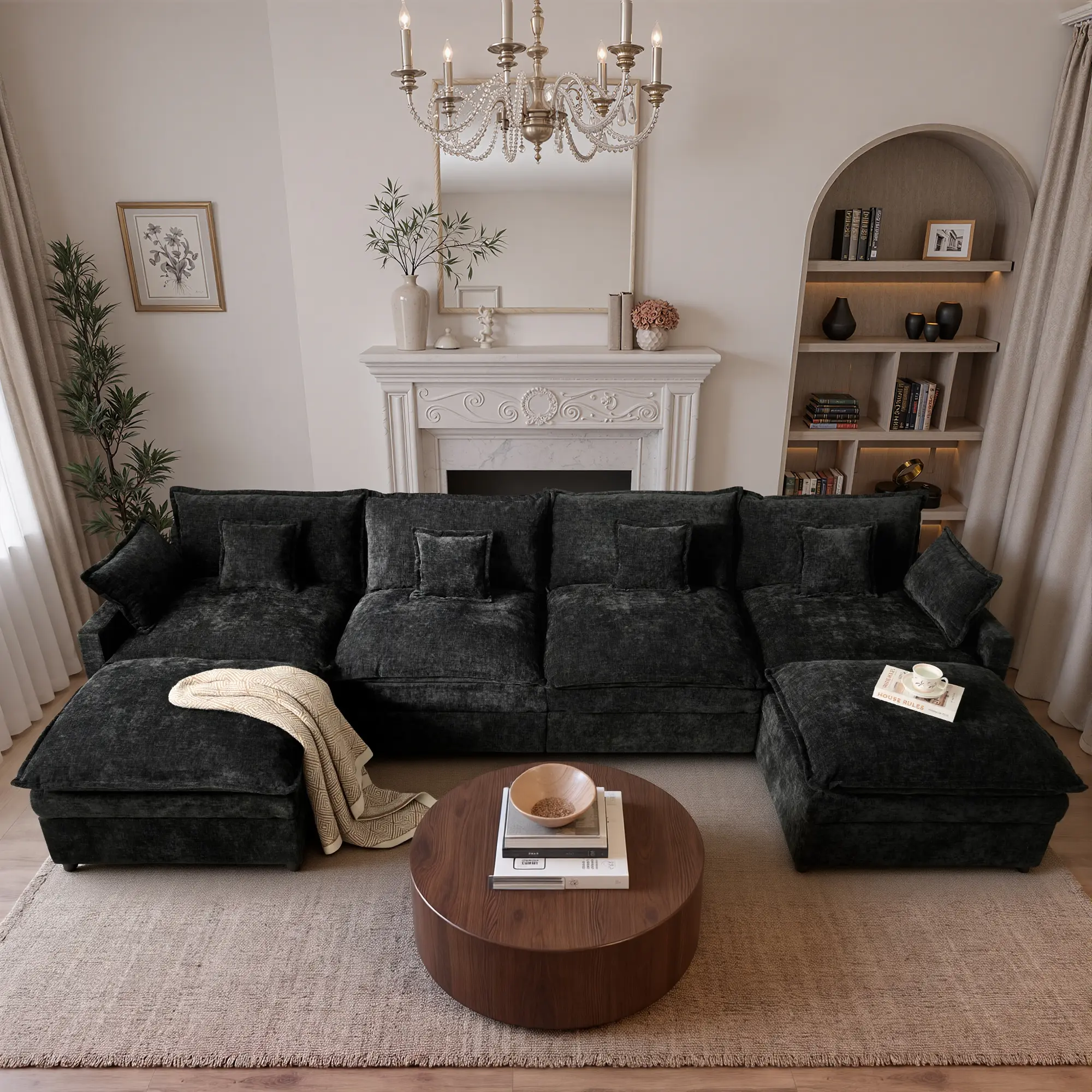 142" Black Chenille U Shaped with 2 Ottoman